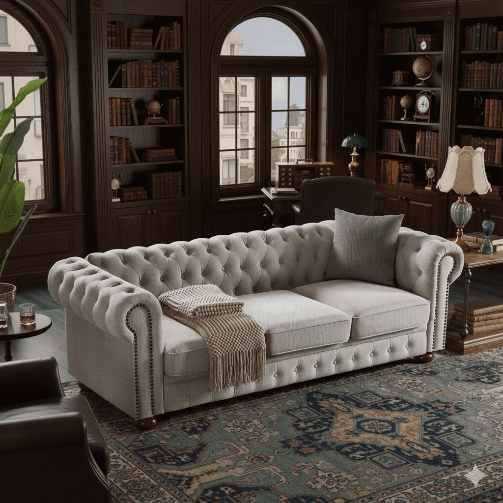 TiramisuBest Classic Chesterfield Sofa, 89" Mid Century Modern Couch with Deep Seat, Button Tufted Chesterfield Couch for Living Room, Office & Apartment, Linen (Grey)