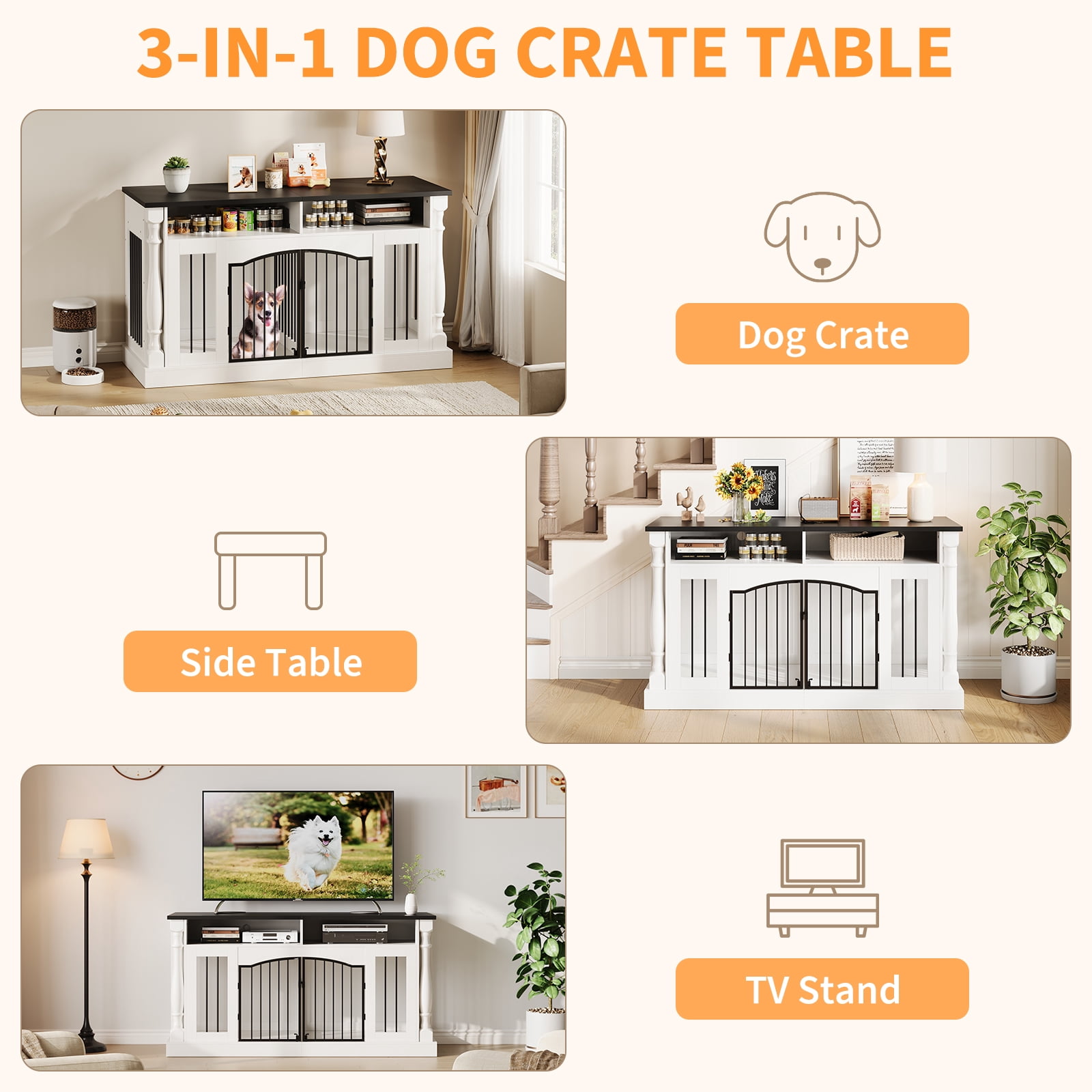 Heavy Duty Double Dog Crate Furniture for 2 Dogs - 63" Wooden Kennel with Open Storage, TV Stand Table, Charging Station, Sliding Barn Doors - Roman Column Design for Small & Medium Dogs - White