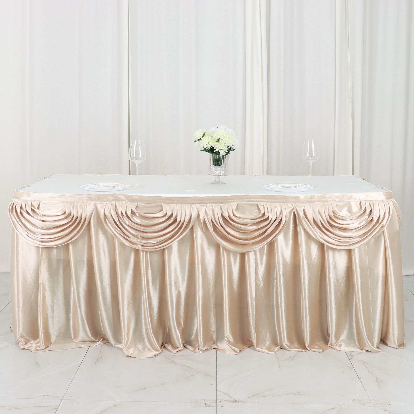 Efavormart Beige Satin Double Drape Table Skirt for Kitchen Dining