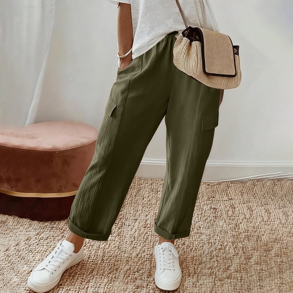 Cagogo Women's Cargo Trousers with Pockets Elastic Waist Casual Loose Ankle Pants Summer Travel Lounge Pants Drawstring Relaxed Fit Vacation Streetwear, Green M