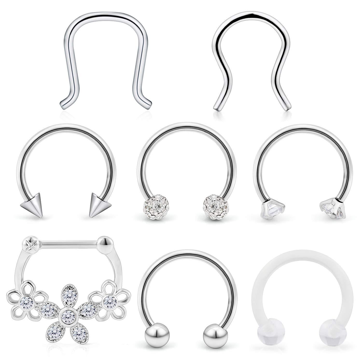 Hoeudjo 18Pcs 16G Surgical Steel Conch Earring Clear Diamond CZ Lip Rings Labret Studs Tragus Horseshoe Barbell Helix Hoop Earring Septum Jewelry Piercing Retainer for Women Men 2-4.5MM Top
