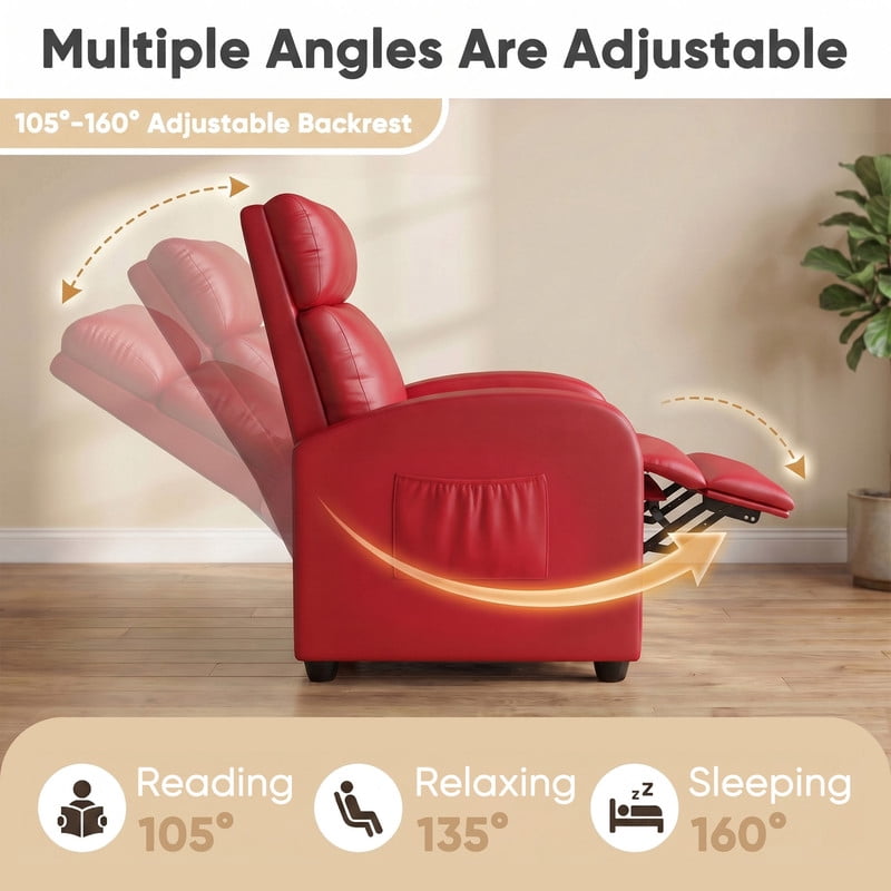 Vineego Massage PU Leather Recliner Adjustable Home Theater Seating Chair with Lumbar Support for Living Room,PU Red