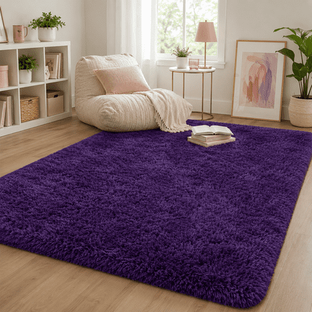 HOISUN 5x8 ft Soft Shag Area Rug for Bedroom Living Room, Fluffy Plush Non-Slip Carpet, Grape Purple