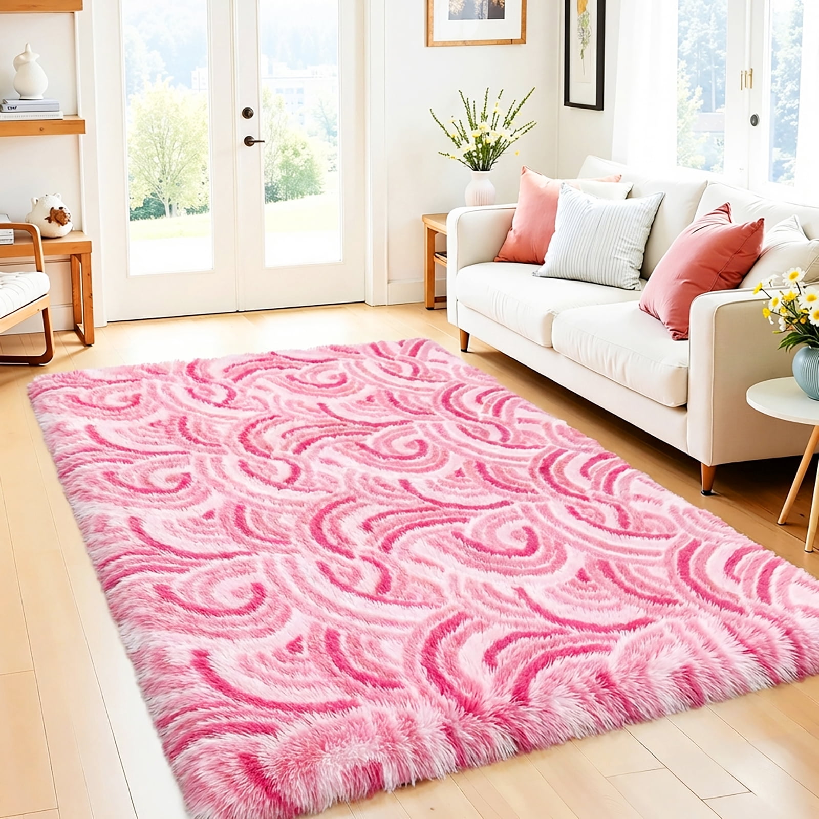 MeyJey 3'x 5' Shag Area Rug, Soft Fluffy Area Rugs for Kids Room Living Room Bedroom Decor Carpet, Pink