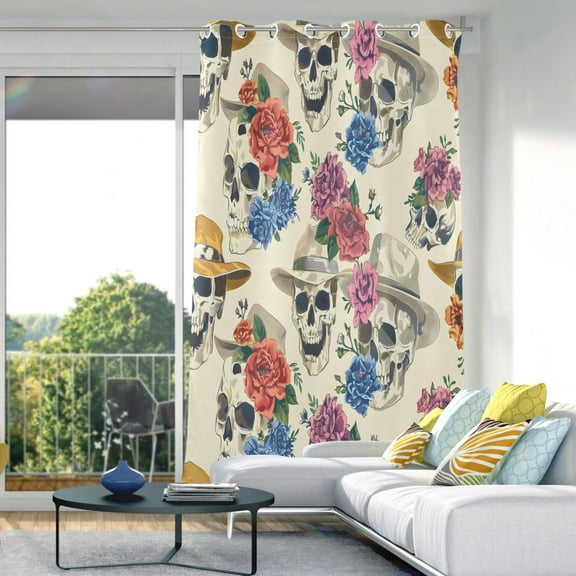 Skulls with Floral Blackout Curtains 84"x52" Thermal Insulated Curtain 1 Panel
