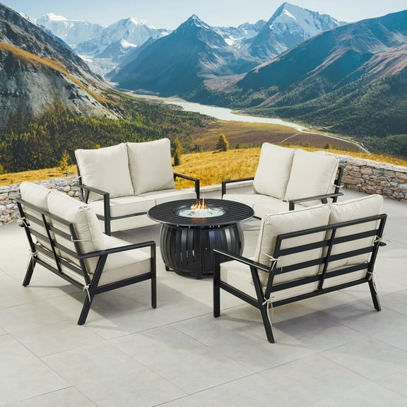 Black Aluminum Fire Table Set with Four Deep Seating Loveseat with Cushions