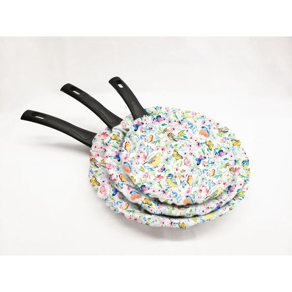 Birds & Butterflies in Blooms Non-Stick Pan Protector (Set of 3 Covers) by Penny's Needful Things (White)