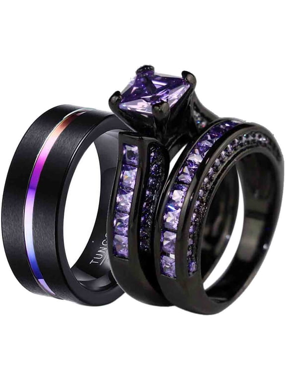 Matching Rings Couple Ring Black Gold Plated Princess cut 1CT CZ Women Wedding Ring Sets