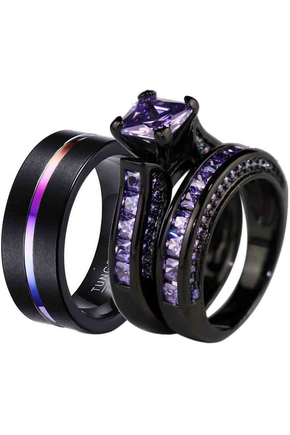 Matching Rings Couple Ring Black Gold Plated Princess cut 1CT CZ Women Wedding Ring Sets