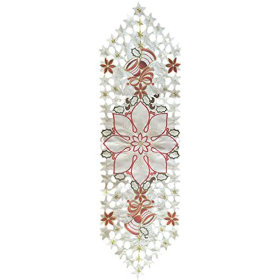 Poinsettia Flower with Decorate Bells Embroidery and Cut Work on Beige Base Oblong Runner Kitchen Dining Table