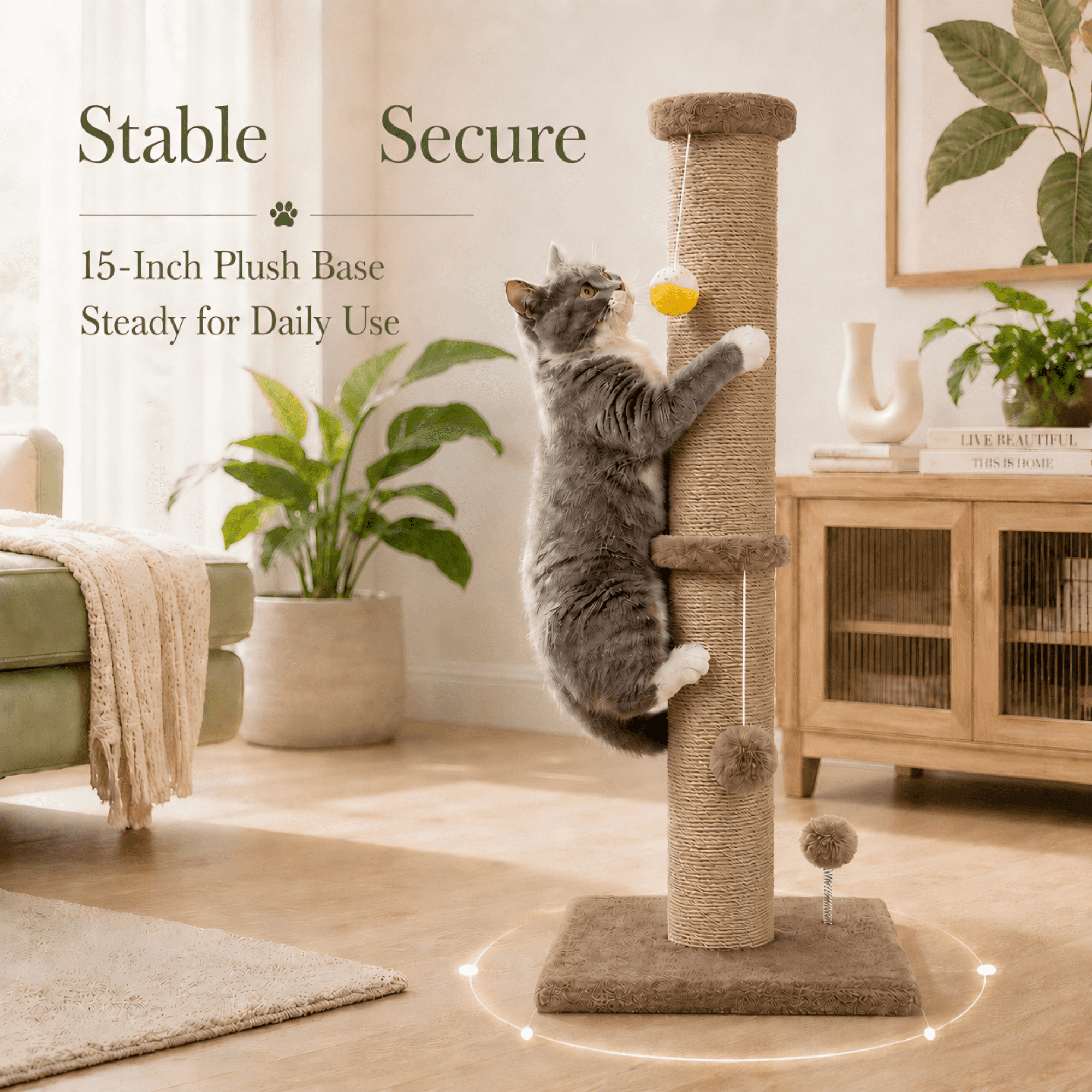 PELUOMOZ 36-Inch Cat Scratching Post for Indoor Cats, Brown Sisal Cat Scratcher with Plush Base and Interactive Toys