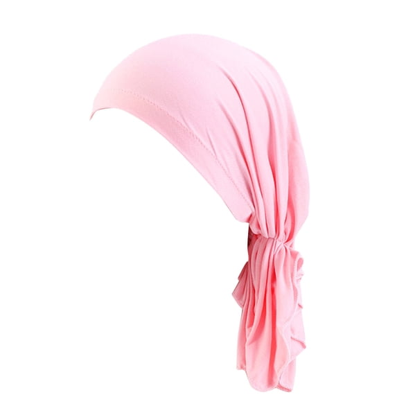 Women's Pure Color Pleated Sleep Cap, Soft Natural Fiber Muslim Head Wrap Chemo Turban, High Stretchy Elastic Night Hair Bonnet for Curly Hair Makeup Bath Daily Wear Pink