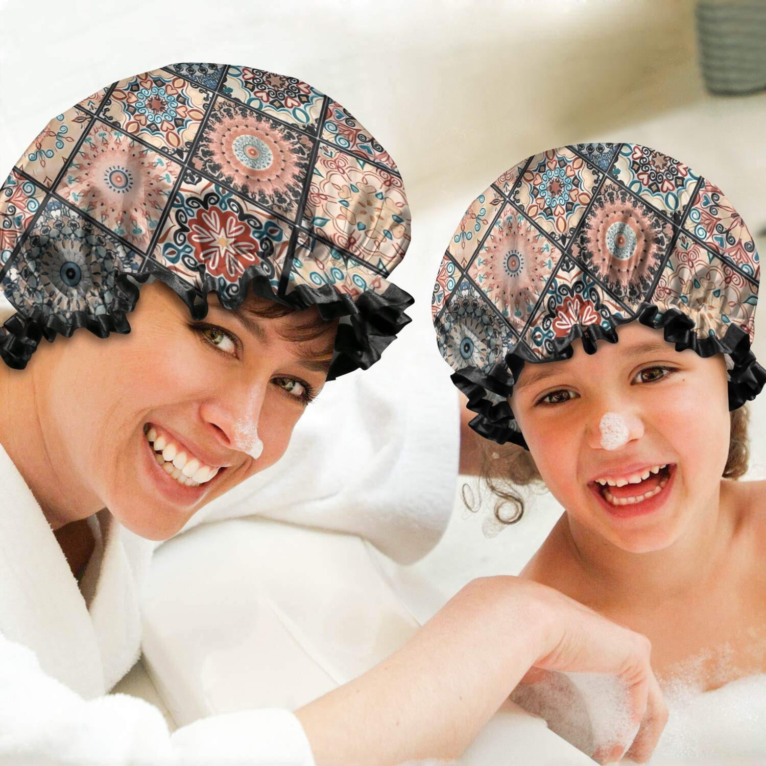 Shower Caps,Multicolor Ethnic Mandala Pattern Waterproof Shower Cap for Women 4 Pieces,Double Reusable Hair Cover for Shower PEVA Elastic Stretch Hem