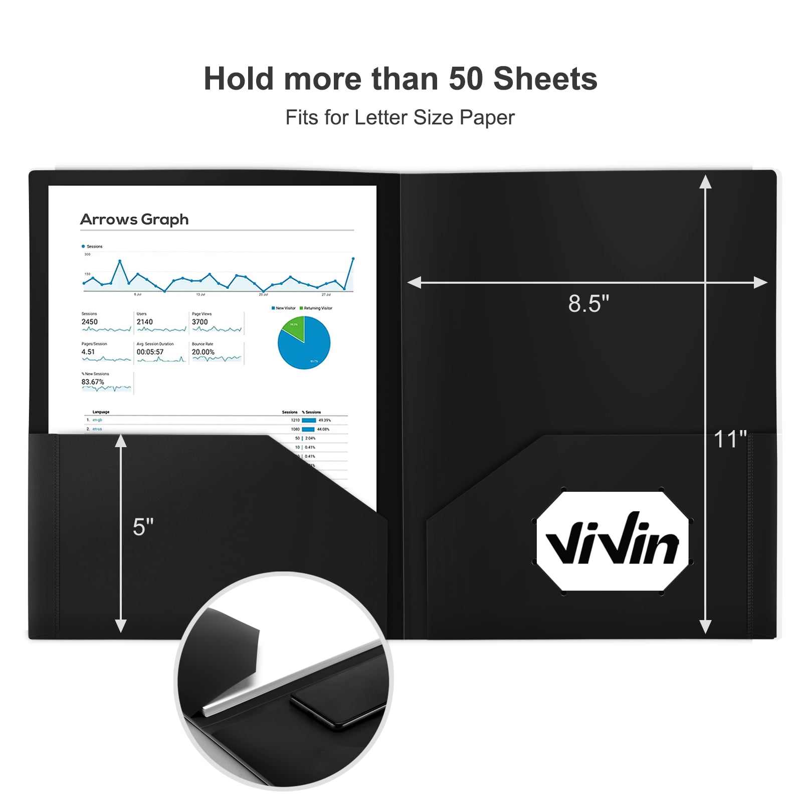 ViVin 12-Pack Sturdy Plastic Folder with 2 Pockets, Office School Home, Black