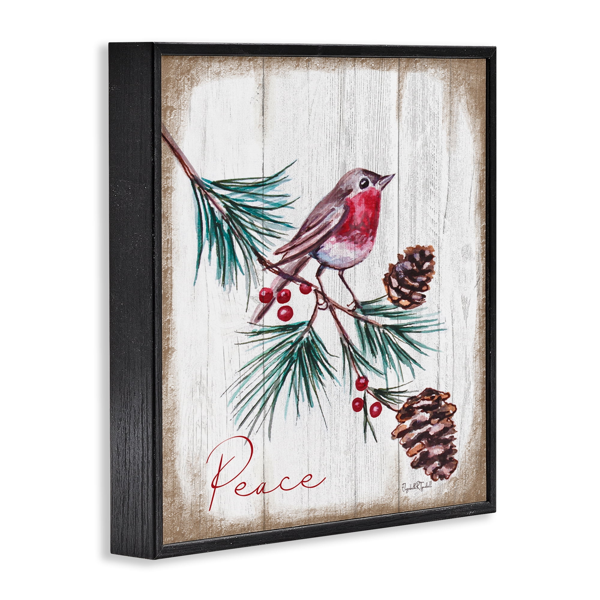 Stupell Industries Rustic Bird & Pinecones Holiday Painting Black Framed Art Prints Wall Art, 12 x 12