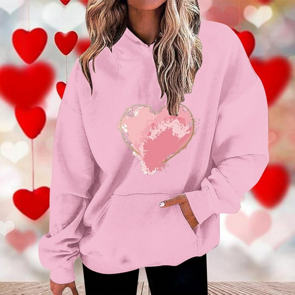 DDAPJ pyju Womens Pink Hoodie for Valentine's Day Love Heart Print Hooded Sweatshirt Casual Long Sleeve Drawstring Pullover Tops Oversized Drop Shoulder Hoodies with Front Pocket Pink XL
