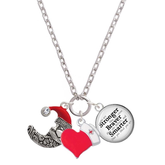 Delight Jewelry Silvertone Large Crescent Moon Santa Face - Red Heart Nurse Strong Zoe Necklace