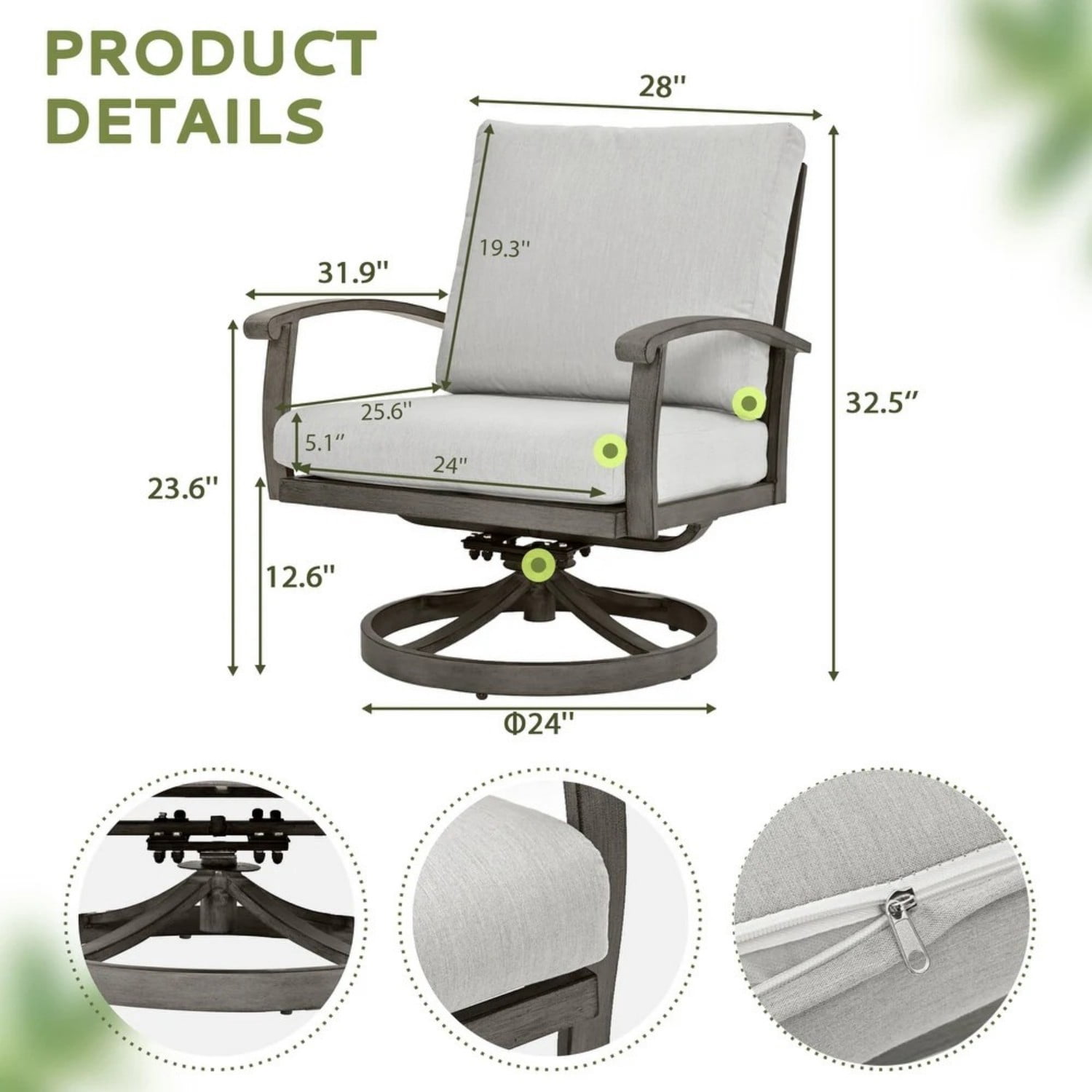 2-Piece Aluminum Outdoor Swivel Chairs with 5.1" Cushions, 360° Rotating Patio Chairs, Weather-Resistant for Garden, Balcony, Backyard