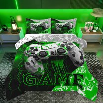 Feelyou Cartoon Game Console Full Size Comforter Sets for Kids, Gamepad Gaming Bedding Comforter Set, Splash Honeycomb Green Reversible Bedding Sets, Super Cozy Room Decor, 3 Pieces