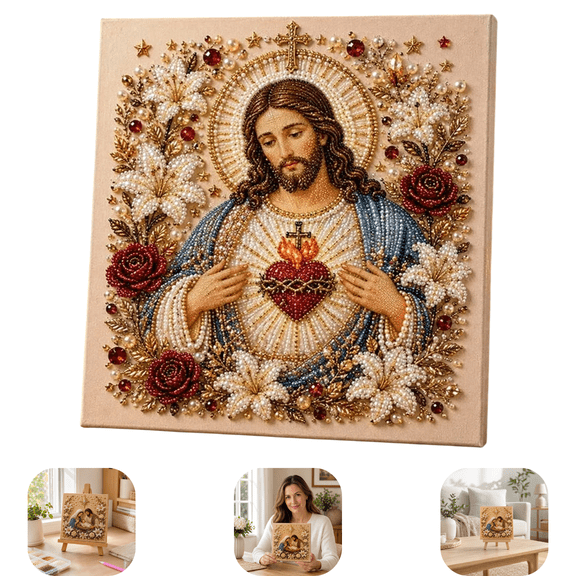 DIY Jesus Pearl Art Kit, 3D Special Shape Diamond Painting for Adults, Religious Wall Art Frame, Christian Mosaic Craft Kit, Christ Pearl Gem Painting Crafts 7.87in x 7.87in Pink