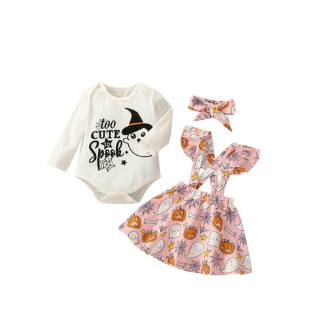

TheFound Newborn Baby Girls My First Halloween Outfit Long Sleeve Romper Tops+Pumpkin Suspender Skirt+Headband 3Pcs Set
