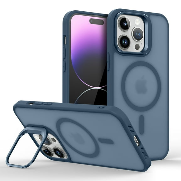 Design for iPhone 14 Magnetic Case,With Contractible Metal Camera Ring Stand,Shockproof Heavy Duty Translucent Skinfeel Anti-fall Ultra Slim Phone Case For iPhone 14,Darkblue