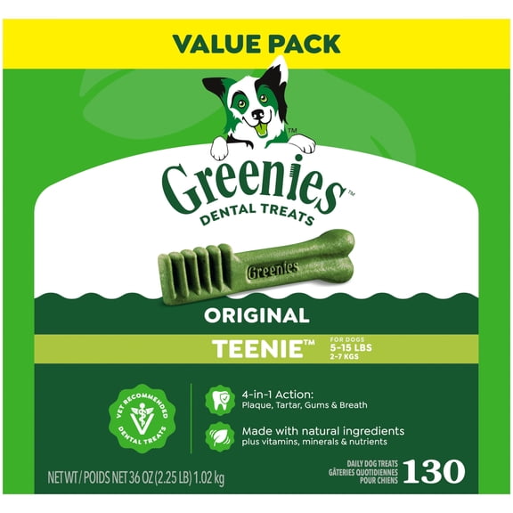 Greenies Original Flavor Adult Natural Dental Dog Treats Teenie Size, 36 oz Pack (130 Count)