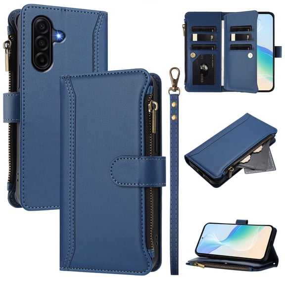 Phone Case for Samsung Galaxy A37, Shockproof PU Leather Wallet Case with 9 Card Slots Anti-Scratch Stand Magnetic Flip Zipper Pocket Cover for Samsung Galaxy A37, Navy blue