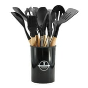 Chmadoxn 12 Pcs Silicone Cooking Kitchen Utensils Set with Holder, Wooden Handles Cooking Tool, Turner Pliers Spatula Spoon Kitchen Gadget Suit for Non-Stick Cookware, Women's Gifts