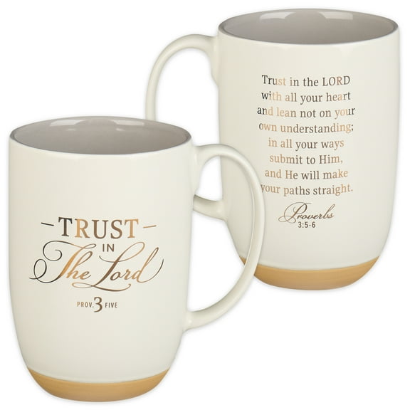 Christian Art Gifts Large Ceramic Coffee & Tea Bible Verse Mug for Women & Men: Trust in the Lord - Prov. 3:5 Inspirational Scripture, Non-toxic/Lead-free w/Clay Base & Gold Text, White/Gray 15 oz.