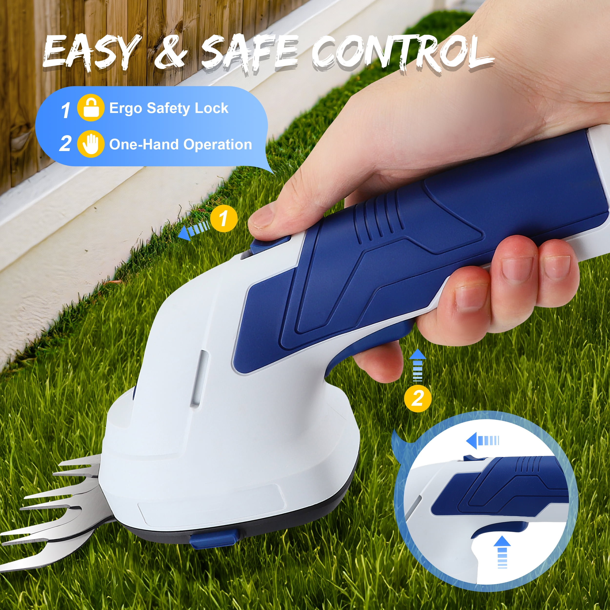 RELOIVE Hedge Trimmer Cordless,2-in-1 Cordless Grass Shears,7.2V Electric Shrub Trimmer with 2.0 Ah Battery,Blue