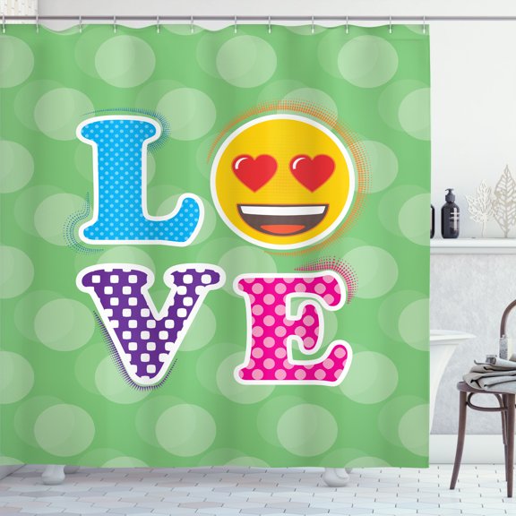 Ambesonne Emoji Shower Curtain, Love Face with Heart Eyes Art, 69"Wx70"L, Pistachio Green Sky Blue