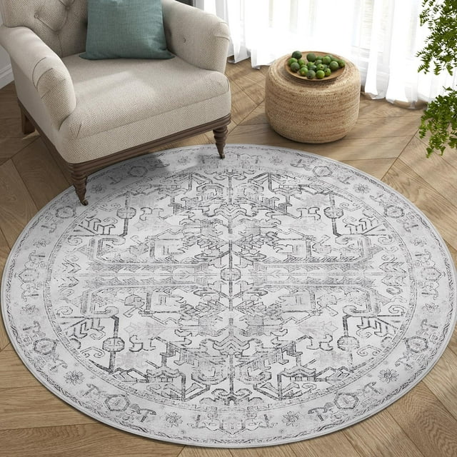 Alfombra Jinchan Vintage Redonda de 152 cm Lavable a Máquina Gris