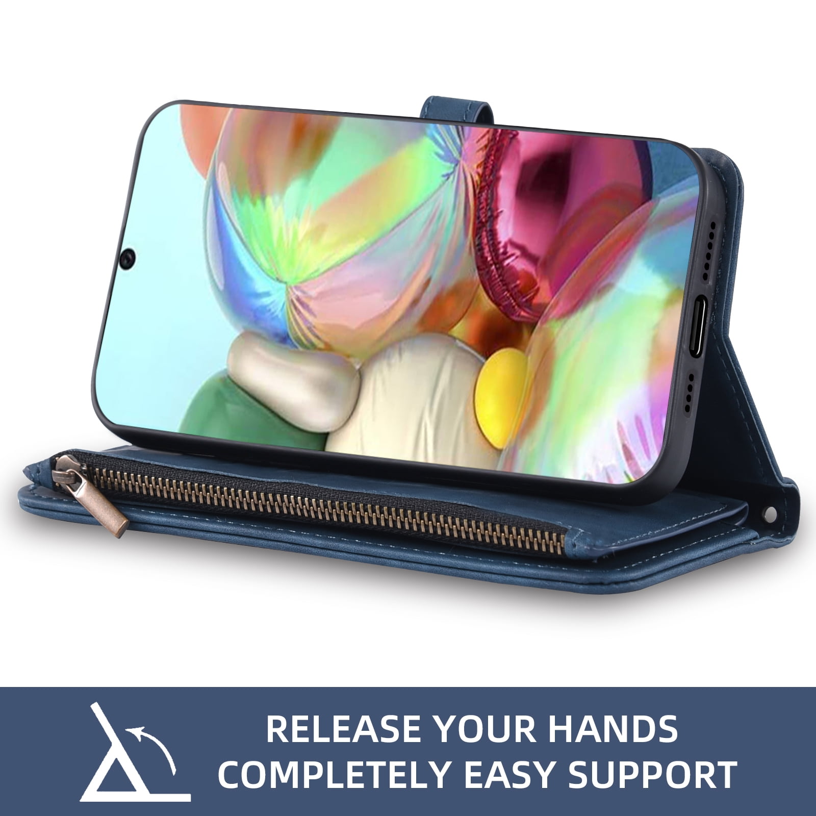 Asuwish Phone Case for Samsung Galaxy A71 4G Wallet Cover With Tempered Glass Screen Protector Crossbody Wrist Strap Flip Pattern Zipper Credit Card Holder Stand Cell A 71 71A S71 A715F Women Blue