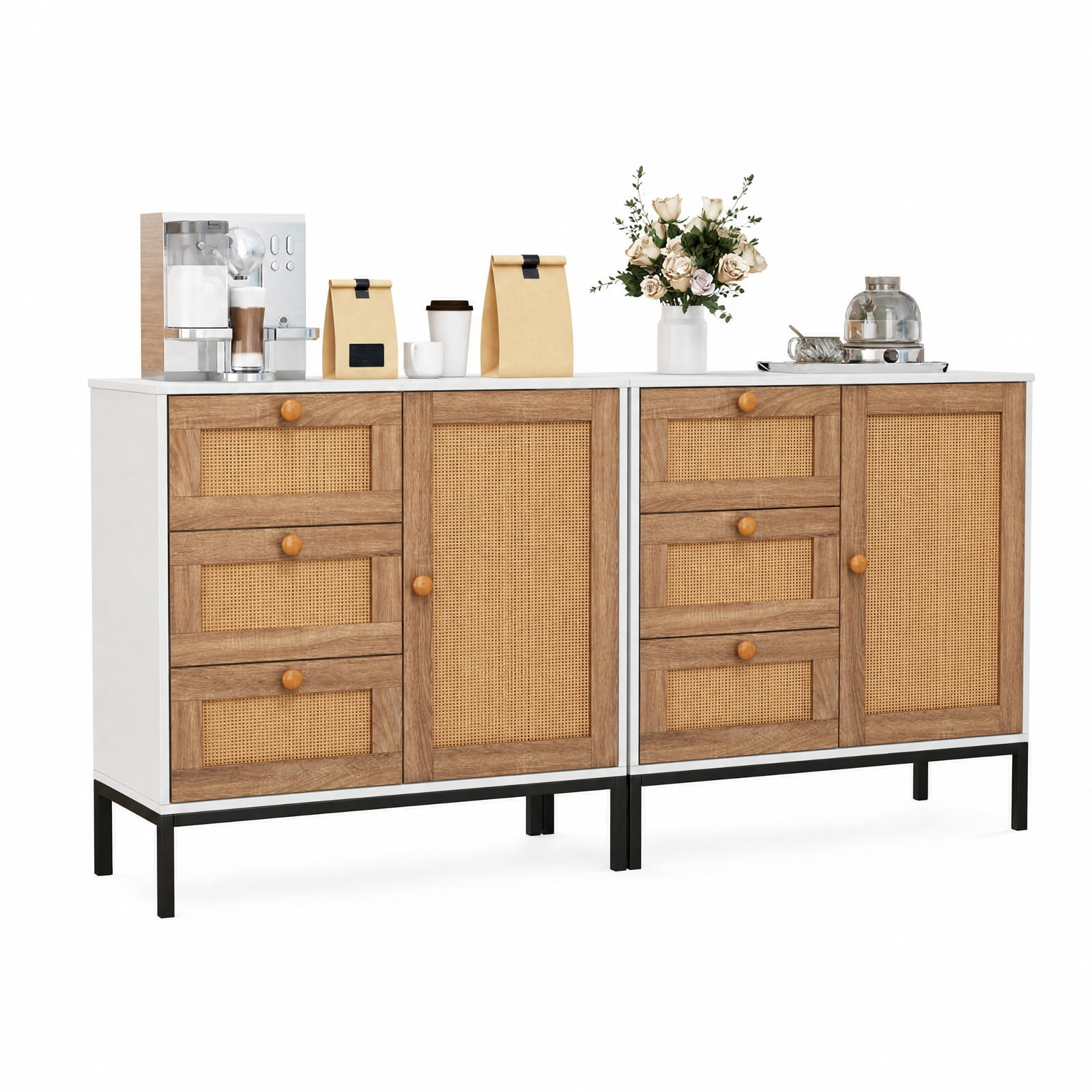 Furnibear Rattan Sideboard Buffet Cabinet with 1 Door and 3 Drawers for Kitchen Dining Living Room Buffet Storage Server, White
