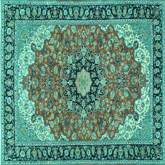 Ahgly Company Indoor Square Medallion Turquoise Blue Traditional Area Rugs, 4' Square