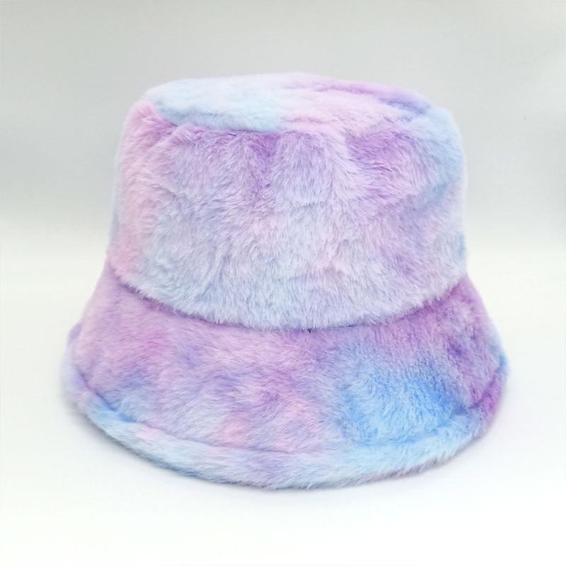 Women Tie Dye Faux Fur Bucket Hat Fuzzy 