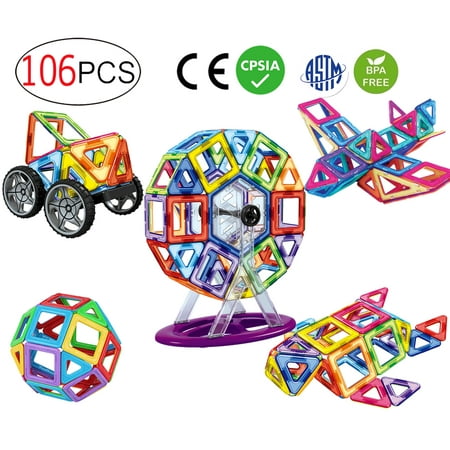 dreambuilderToy 106 PCS Magnetic Tiles Set, STEM Building Block Preschool Educational Construction Kit，3D Magnetic Toys (106 Pieces)…