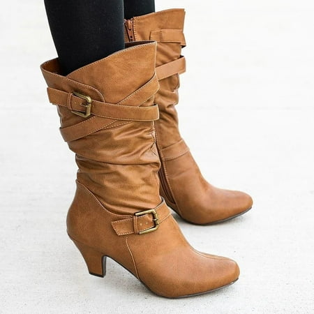 

Christmas Womens High Heel Leather Boots Long Booties Knee High Boots For Ladies Winter Shoes