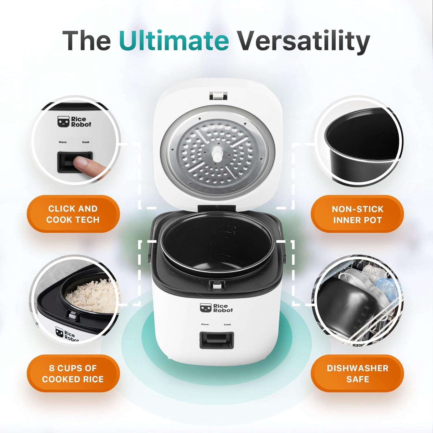 Open Box Rice Robot XL Rice Cooker – Family Size 4 Cup Uncooked (8 Cups Cooked) Electric Rice Maker, Ceramic Nonstick, Includes Stainless Steel Steamer Tray and Accessories | As Seen on TV
