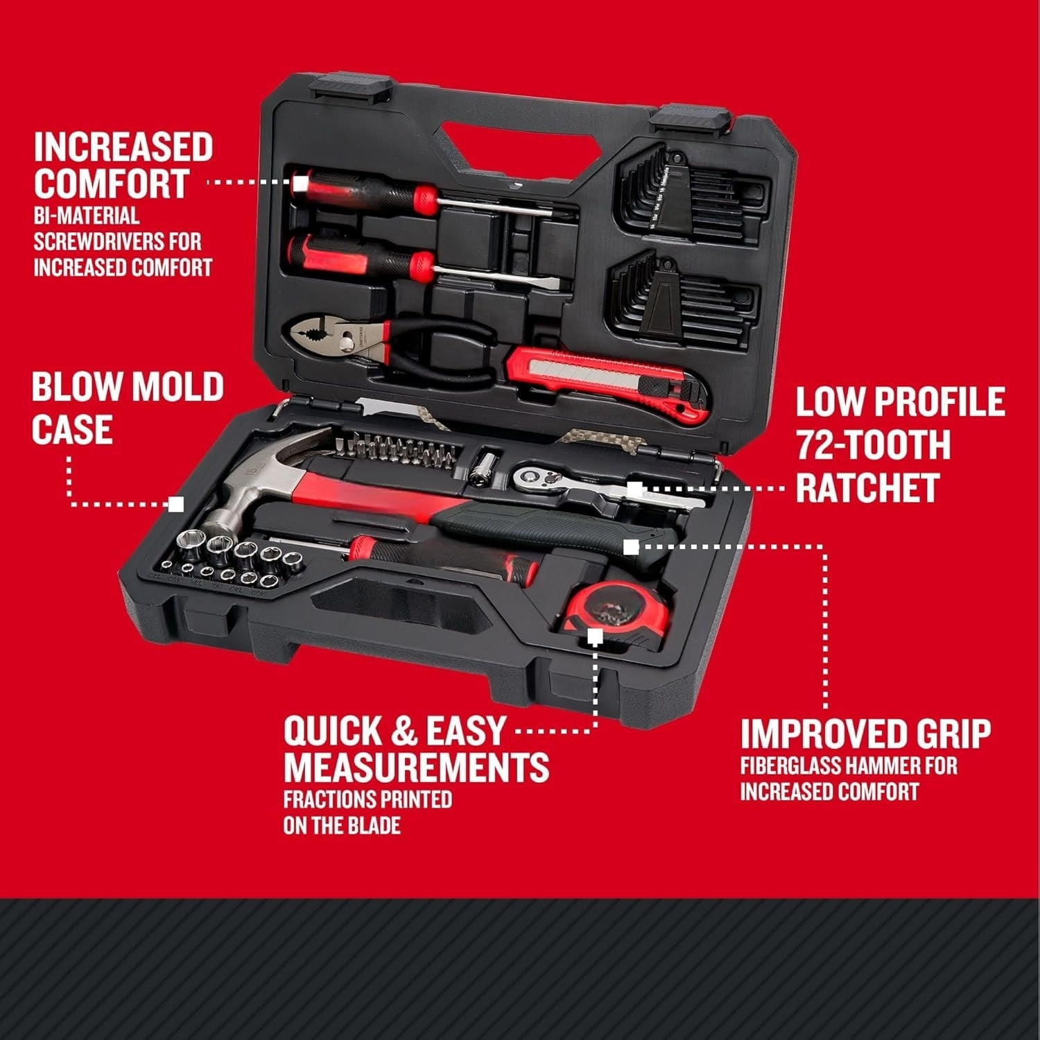 57 Piece Mechanics Tool Set Home Tool Set, Sockets, Ratchet, Screwdrivers, Hammer, Pliers, Hex Keys, Specialty Bits Hand Tools