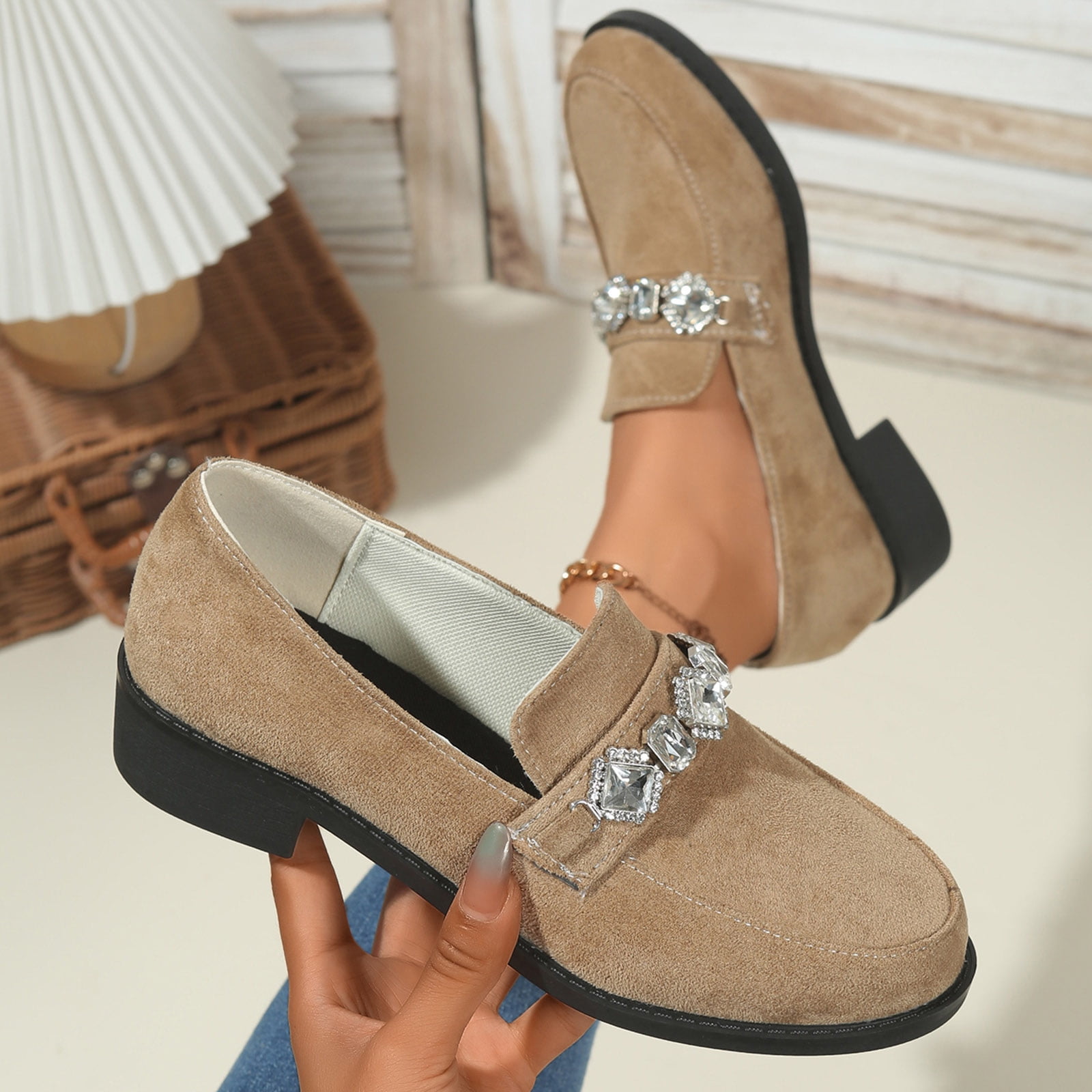Suede Loafers for Women Comfortable Slip On Glitter Rhinestone Dress Shoes Block Low Heel Non Slip Fall Shoes Beige Size 6