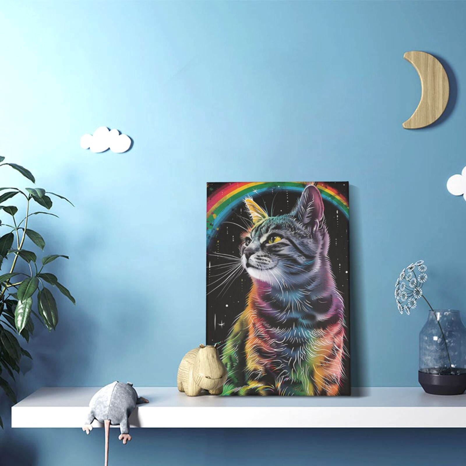 12x18 inch Oil Paintings On Canvas Rainbow Cat,Indoor Living Room,Bar,Study Picture Wall Decor Art Prints,Enchanting Rainbow Cat Modern Art Paintings,Charm Gifts For Cat & Rainbow Enthusiast