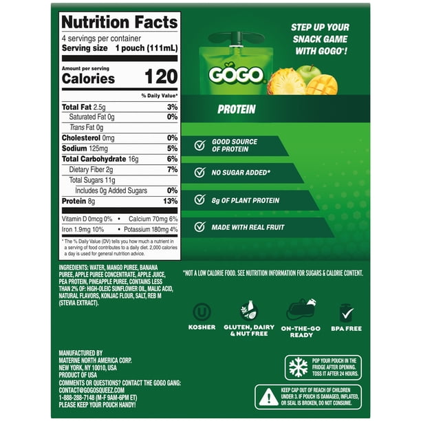 GOGO 8g Protein Tropical Fruit Smoothie On The Go Pouches , 3.75