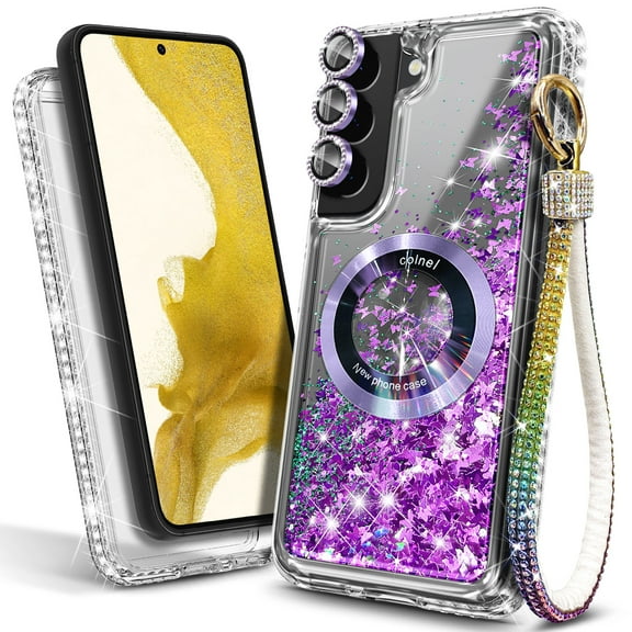 NageBee Magnetic Case for Samsung Galaxy S22 | MagSafe Compatible | Jewel Camera Lens & Wrist Strap Lanyard | Glitter Floating Liquid Cover (Purple)