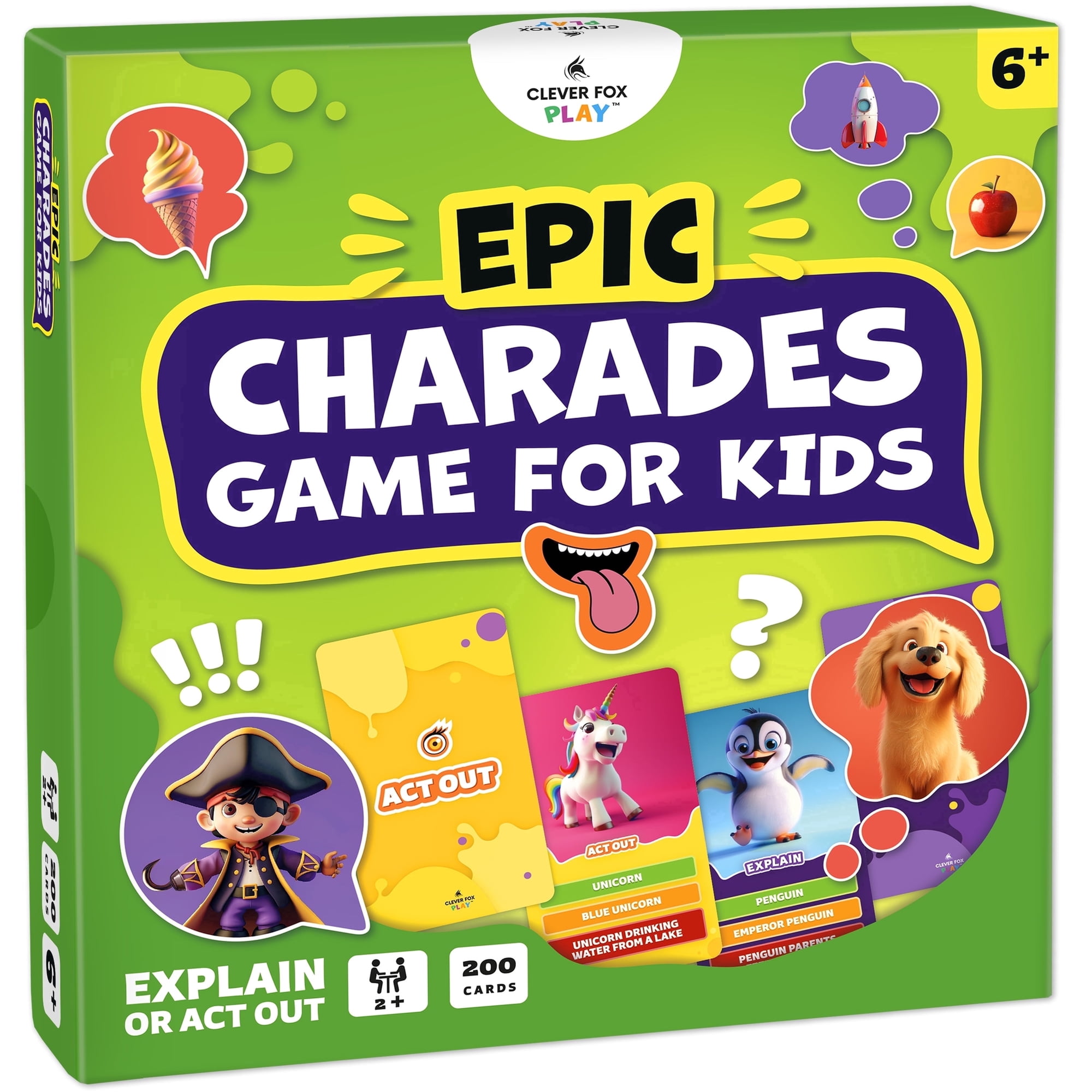 Epic Charades Game for Kids Ages 6+ – 200 Act Out & Explain Cards with Illustrations & Timer – Fun Educational Game for Family, Party, Classroom & Travel