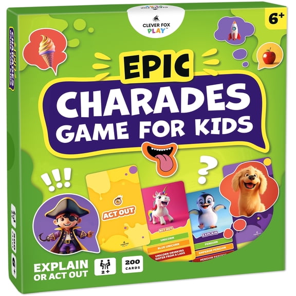 Epic Charades Game for Kids Ages 6 – 200 Act Out & Explain Cards with Illustrations & Timer – Fun Educational Game for Family, Party, Classroom & Travel