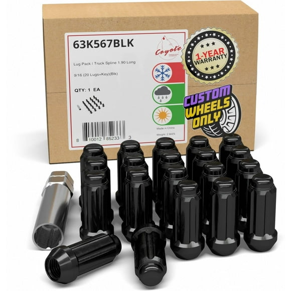 Wheel Accessories Parts 20 Pcs 9/16" Thread Truck 2.00" Long Spline Lug Nuts Black Chrome 6 Spline Hex Fits 2005-11 Dodge Dakota 2003-09 Durango 2002-11 Ram 1500