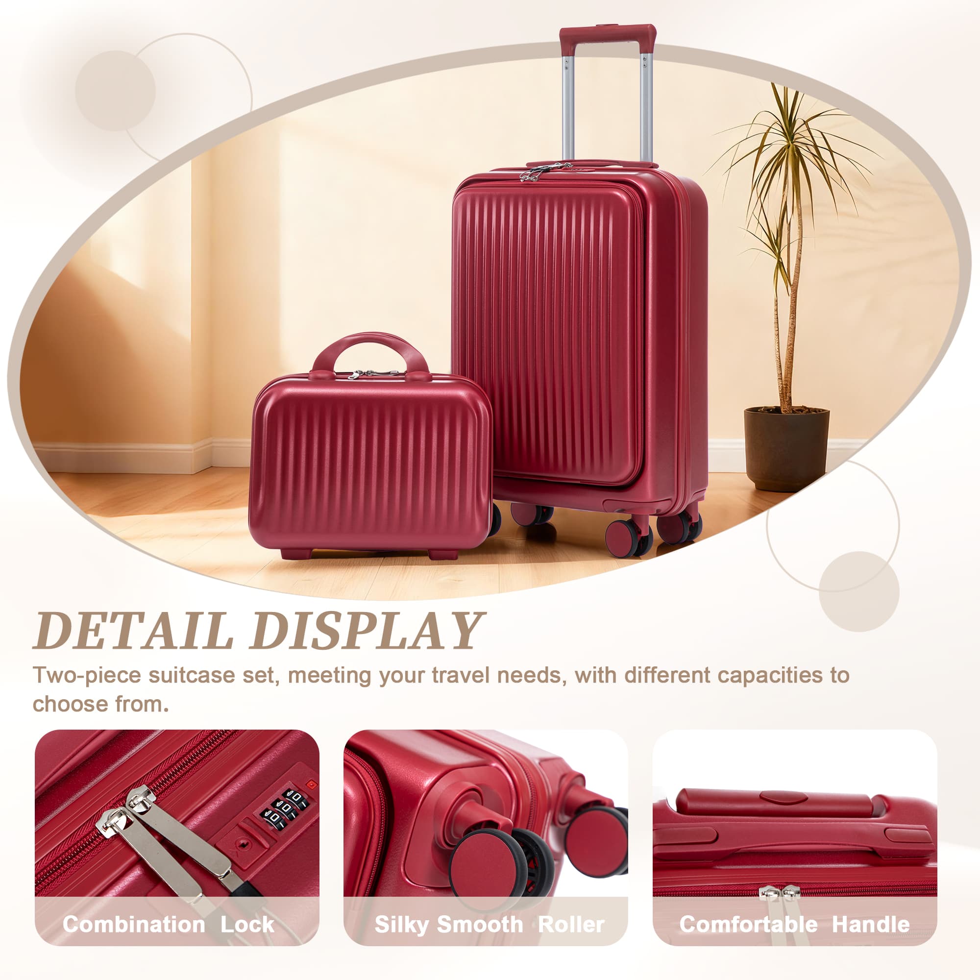 Leumius 2 Piece in ABS Spinner WheelLuggage Sets, HardsideSuitcase with CombinationLock,20 inch Carry OnLuggage 14 inch CosmeticCase,Red