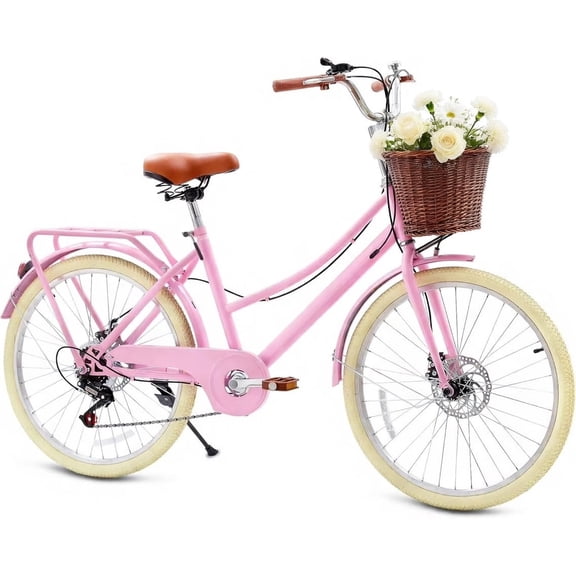 DEYGIA Kids Bike, 20 Inch 7-Speed Retro Cruiser Girl Bike, Kids Bicycles for Ages 6-15 Girls Youth with Rattan Basket, Dual-Disc Brake Carbon Steel Frame Lightweight Bicycle, Easy Assembly